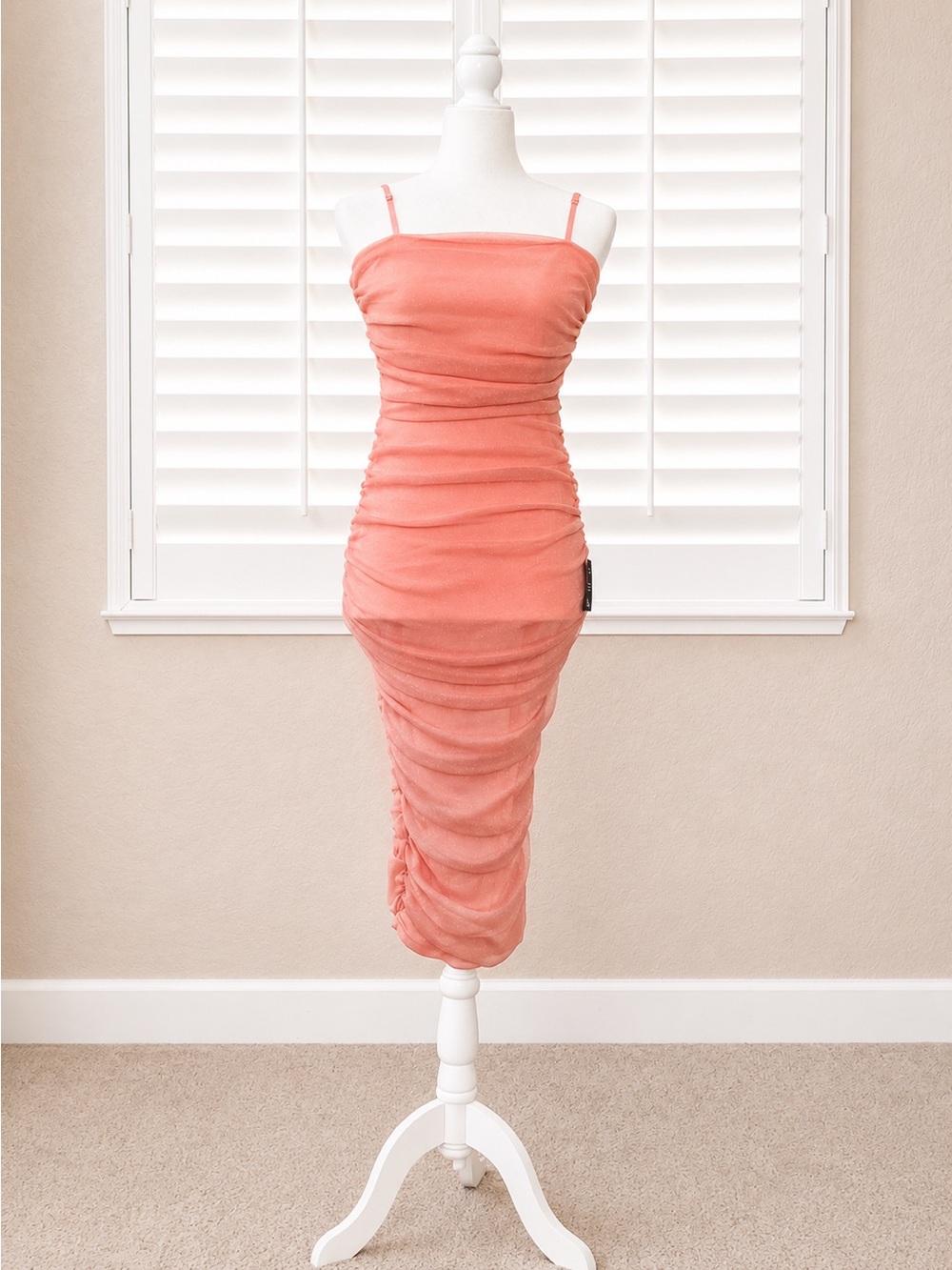 Lulus Peach Ruched Satin Midi Dress